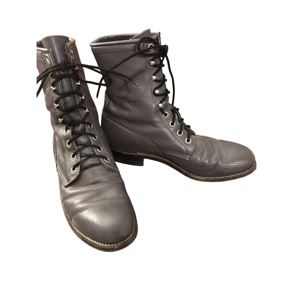 Justin 502 Vintage Gray Leather Lace-Up Combat Boots Stacked Heel Unisex 8 D - Picture 4 of 14